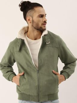 Campus Sutra - Men's Obsidian Green Fur-Lined Suede Bomber Jacket