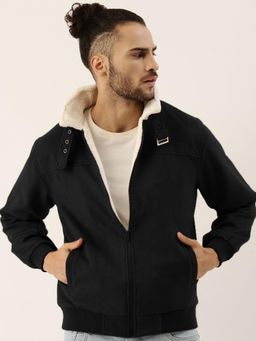 Campus Sutra - Men's Obsidian Black Fur-Lined Suede Bomber Jacket