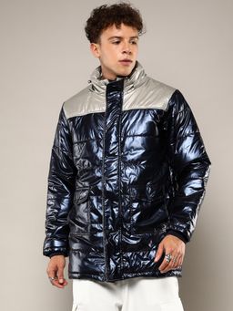 Campus Sutra - Men's Blue Puffer Jacket with Fur Detail