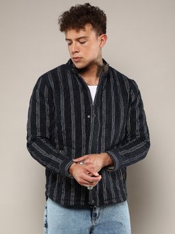 Campus Sutra - Men's Navy Blue Fleece Block Denim Jacket