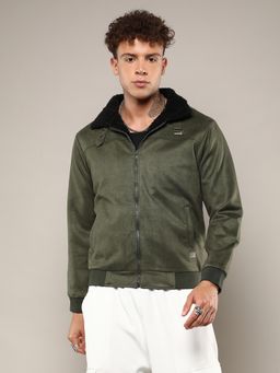 Campus Sutra - Men's Army Green Fur-Lined Suede Bomber Jacket