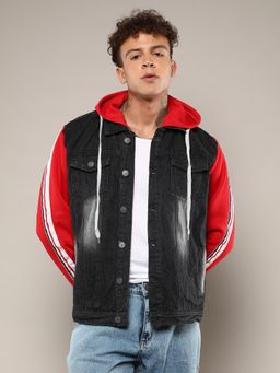 Campus Sutra - Men's Black Dark-Wash Denim Jacket with Sweatshirt Sleeve