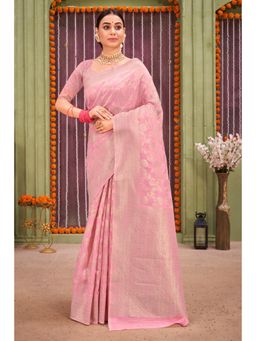 Sangam Prints - Pink Linen Woven Zari Work Traditional Saree with Unstitched Blouse