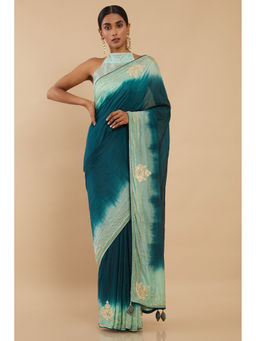 Soch - Teal Organza Solid Saree with Unstitched