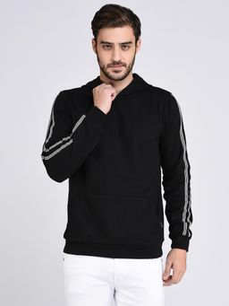 RIGO - Black Fleece With Stripe Tape Patch On Sleeve Hooded Sweatshirt-full