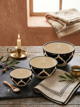YELONA - Ceramic Hand-Painted Nesting Bowl, Black Moroccan Pattern For (Pack of 3)