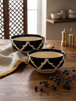 YELONA - Ceramic Heritage Ogee Mughal Arch Black Snack & Dessert Bowls (Pack of 2) (200ml)