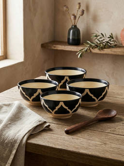 YELONA - Ceramic Heritage Ogee Mughal Arch Black Snack & Dessert Bowls (Pack of 4) (200ml)