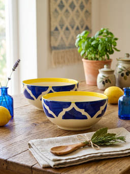 YELONA - Ceramic Ogee Mughal Arch Navy Blue Snack & Dessert Bowls (Pack of 2) (200ml)