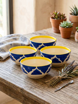 YELONA - Ceramic Ogee Mughal Arch Navy Blue Snack & Dessert Bowls (Pack of 4) (200ml)