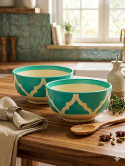 YELONA - Ceramic Ogee Mughal Arch Teal Green Snack & Dessert Bowls (Pack of 2) (200ml)