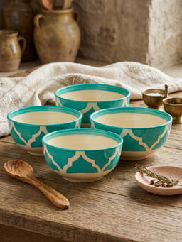 YELONA - Ceramic Ogee Mughal Arch Teal Green Snack & Dessert Bowls (Pack of 4) (200ml)