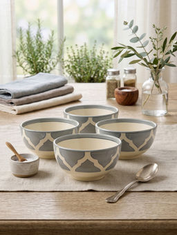 YELONA - Ceramic Heritage Ogee Mughal Arch Grey Snack & Dessert Bowls (Pack of 4) (200ml)