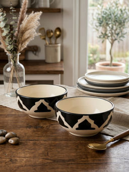 YELONA - Ceramic Heritage Ogee Mughal Arch Black Snack & Dessert Bowls (Pack of 2) (125ml)