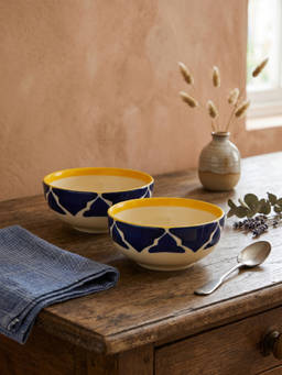 YELONA - Ceramic Ogee Mughal Arch Navy Blue Snack & Dessert Bowls (Pack of 2) (125ml)