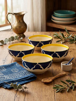 YELONA - Ceramic Ogee Mughal Arch Navy Blue Snack & Dessert Bowls (Pack of 4) (125ml)