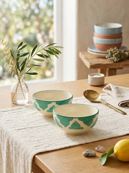 YELONA - Ceramic Ogee Mughal Arch Teal Green Snack & Dessert Bowls (Pack of 2) (125ml)