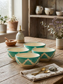 YELONA - Ceramic Ogee Mughal Arch Teal Green Snack & Dessert Bowls (Pack of 4) (125ml)
