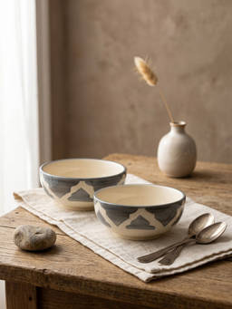 YELONA - Ceramic Heritage Ogee Mughal Arch Grey Snack & Dessert Bowls (Pack of 2) (125ml)