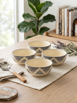 YELONA - Ceramic Heritage Ogee Mughal Arch Grey Snack & Dessert Bowls (Pack of 4) (125ml)