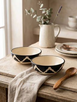 YELONA - Ceramic Heritage Ogee Mughal Arch Black Snack & Dessert Bowls (Pack of 2) (75ml)