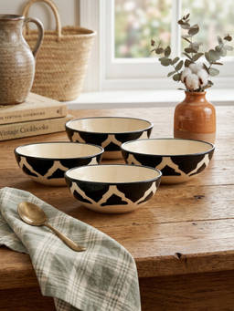 YELONA - Ceramic Heritage Ogee Mughal Arch Black Snack & Dessert Bowls (Pack of 4) (75ml)