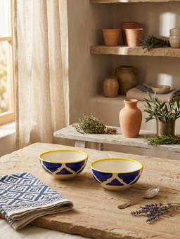 YELONA - Ceramic Ogee Mughal Arch Navy Blue Snack & Dessert Bowls (Pack of 2) (75ml)