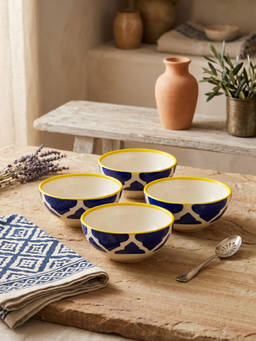 YELONA - Ceramic Ogee Mughal Arch Navy Blue Snack & Dessert Bowls (Pack of 4) (75ml)