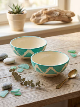 YELONA - Ceramic Ogee Mughal Arch Teal Green Snack & Dessert Bowls (Pack of 2) (75ml)
