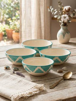 YELONA - Ceramic Ogee Mughal Arch Teal Green Snack & Dessert Bowls (Pack of 4) (75ml)