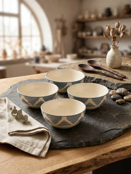 YELONA - Ceramic Heritage Ogee Mughal Arch Grey Snack & Dessert Bowls (Pack of 4) (75ml)