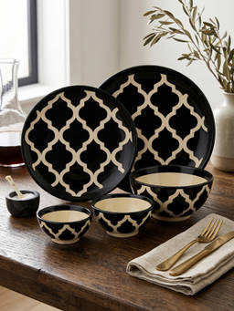 YELONA - Black Arabesque Ceramic Dinner For Elegant Home Dining Pack of 2 Plates & 3 Bowls