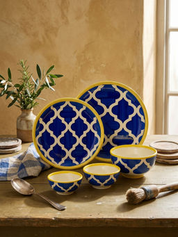 YELONA - Blue Arabesque Ceramic Dinner For Elegant Home Dining Pack of 2 Plates & 3 Bowls