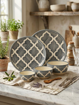 YELONA - Grey Arabesque Ceramic Dinner For Elegant Home Dining Pack of 2 Plates & 3 Bowls