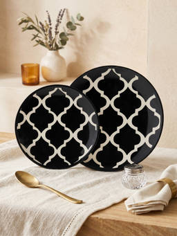 YELONA - Ceramic Heritage Ogee Mughal Arch Black Dessert & Dinner Side Plates (Pack of 2)