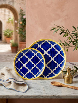 YELONA - Ceramic Heritage Ogee Mughal Arch Blue Dessert & Dinner Side Plates (Pack of 2)
