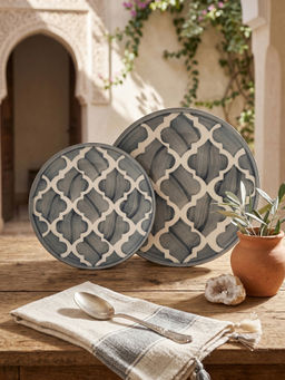 YELONA - Ceramic Heritage Ogee Mughal Arch Green Dessert & Dinner Side Plates (Pack of 2)