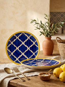 YELONA - Hand-Painted Blue Ceramic Dinner Plates with Quattrofoil Pattern 8in (Pack of 2)