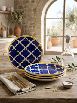 YELONA - Hand-Painted Blue Ceramic Dinner Plates with Quattrofoil Pattern 8in (Pack of 4)