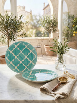 YELONA - Hand-Painted Green Ceramic Dinner Plates with Quattrofoil Pattern 8in (Pack of 2)