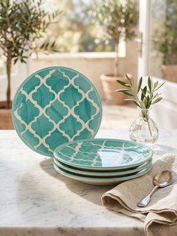 YELONA - Hand-Painted Green Ceramic Dinner Plates with Quattrofoil Pattern 8in (Pack of 4)