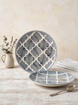 YELONA - Hand-Painted Grey Ceramic Dinner Plates with Quattrofoil Pattern 8in (Pack of 2)