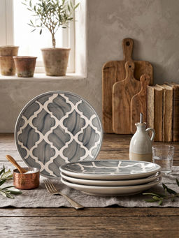 YELONA - Hand-Painted Grey Ceramic Dinner Plates with Quattrofoil Pattern 8in (Pack of 4)