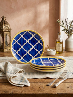YELONA - Hand-Painted Blue Ceramic Dinner Plates with Quattrofoil Pattern 7in (Pack of 4)