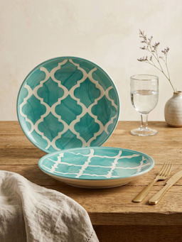 YELONA - Hand-Painted Green Ceramic Dinner Plates with Quattrofoil Pattern 7in (Pack of 2)