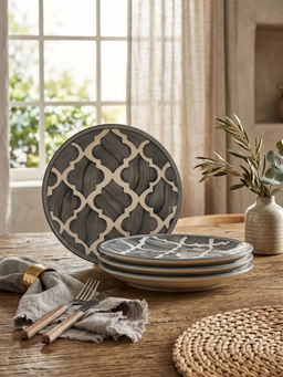 YELONA - Hand-Painted Grey Ceramic Dinner Plates with Quattrofoil Pattern 7in (Pack of 4)