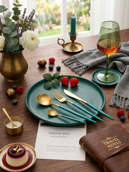 YELONA - Premium Teal & Gold Steel Cutlery Set For Everyday Dining (Pack of 4)