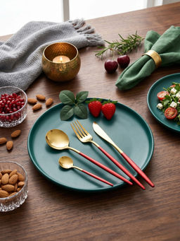 YELONA - Premium Red & Gold Steel Cutlery Set For Everyday Dining (Pack of 4)