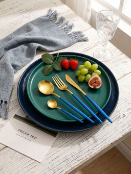 YELONA - Premium Blue & Gold Steel Cutlery Set For Everyday Dining (Pack of 4)