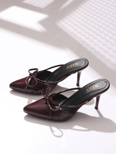 Pointed Bow Burgundy Stiletto Mules Heels